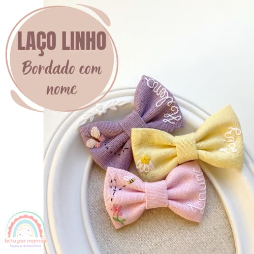 Laço Linho Bordado com Nome da sua princesa - Laço Linho Personalizado - Laço com nome - Laço Linho - Laço bordado