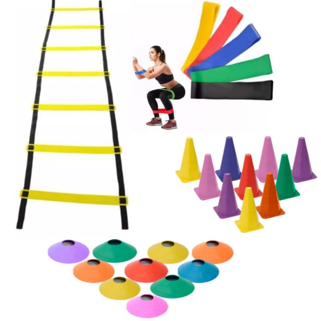 Kit Funcional Agilidade 1 Escada com 7 Degraus 10 Cones 10 Chápeus + Kit Elasticos 5 Mini Bands
