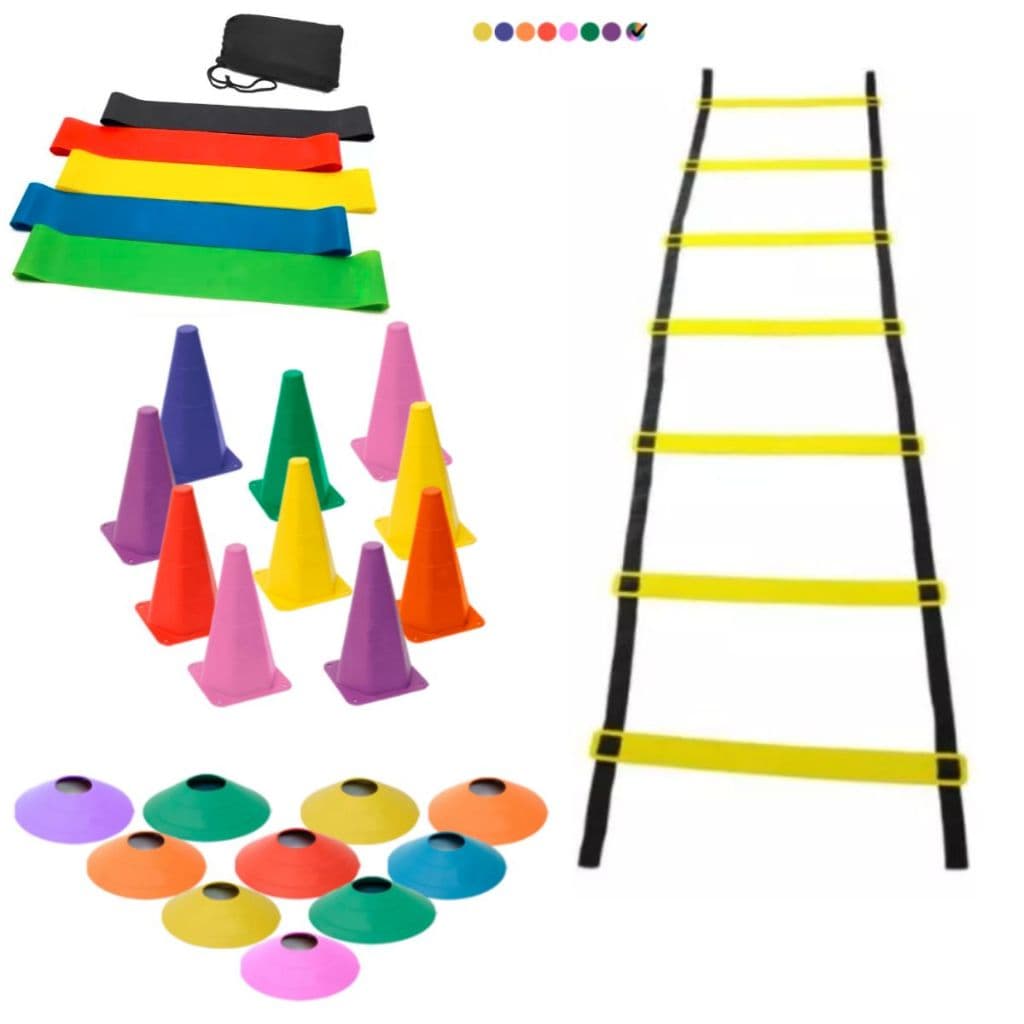 Kit Agilidade 1 Escada 7 Degraus 10 Cones 10 Pratos Kit Elasticos 5 Faixas Mini Bands Treino em Casa