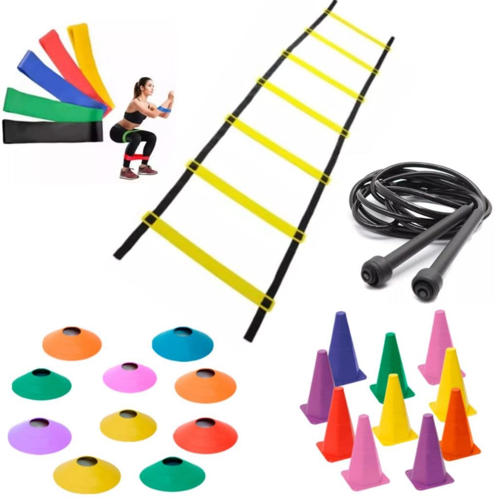 Kit Funcional 1 Escada com 7 Degraus 10 Cones 10 Chapéus 1 Kit 5 Mini Band 1 Corda Pvc