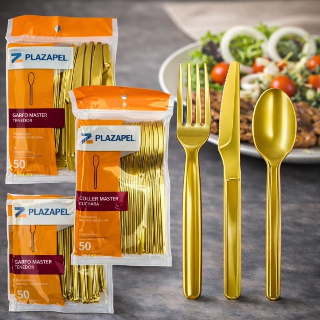 Kit 150~100 Itens Talheres Descartáveis Para Festa Dourado Ouro Plástico Refeição Churrasco Talher Rígido Firme