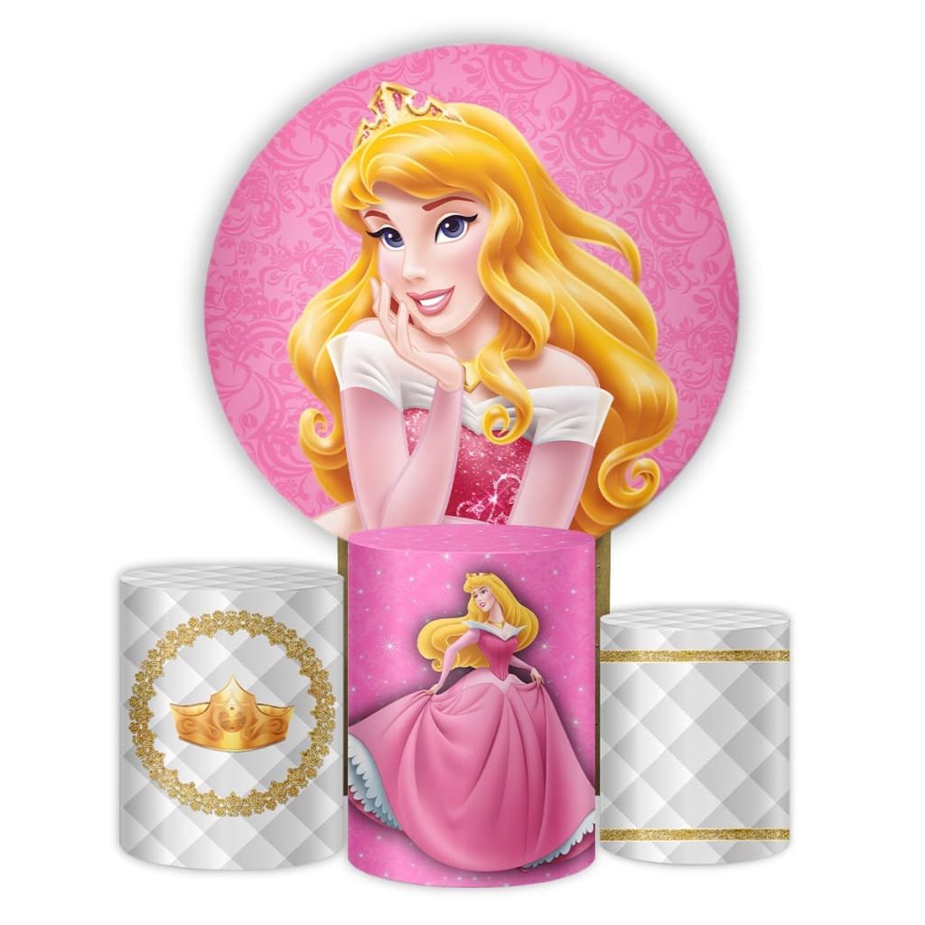 Kit Painel de Festa Redondo A Bela Adormecida Aurora Capas Cilindros Princesa Rosa Decoração Festa Infantil 1,50x1,50