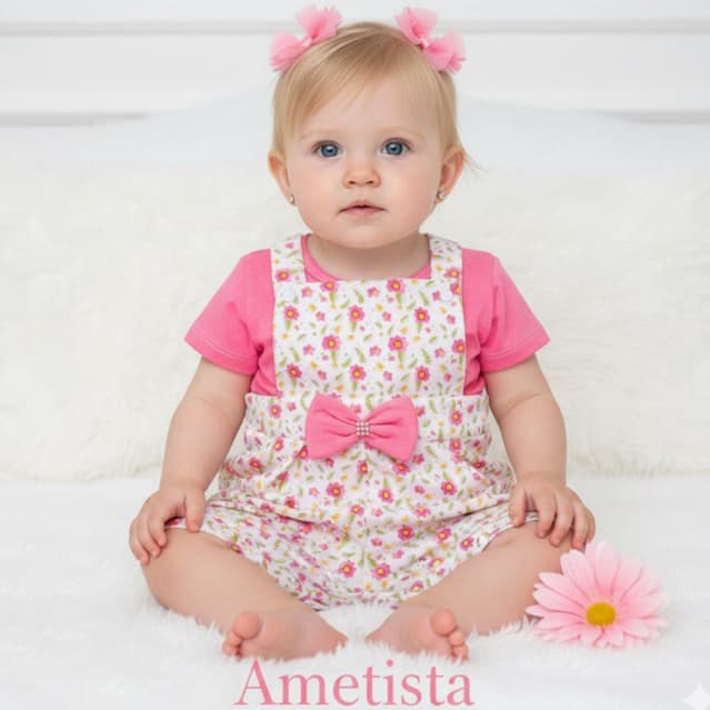 Conjunto Jardineira Short Estampado com Blusa em Malha 100% Algodão | Roupa Bebê Menina Verão Macacão Infantil Fofo