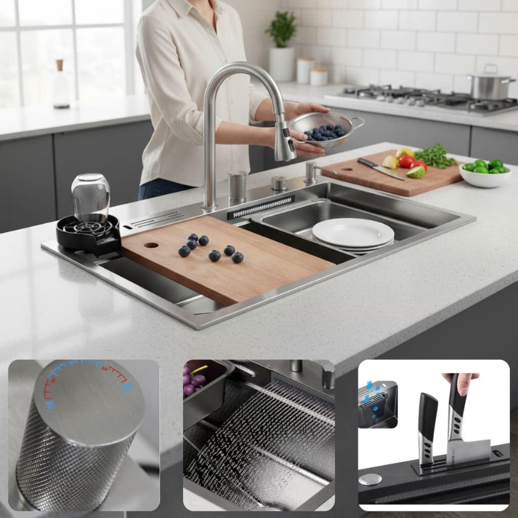 Cuba Pia Gourmet Aço Inox Preta C/ Acessórios 80x46cm Luxo Preto Torneira