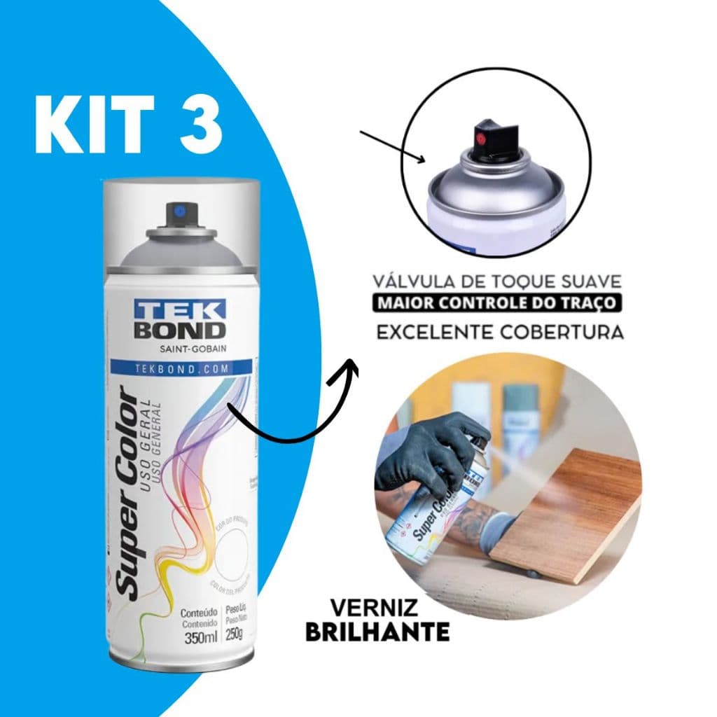 3 Verniz Spray Brilhante Tekbond 350ml Transparente Uso Geral Automotivo