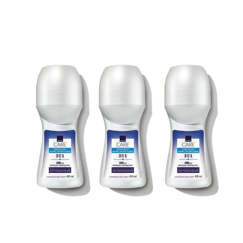 Kit c/3 Desodorante Roll-On Antitranspirante 48ml cada Avon Care Hidratação Suave