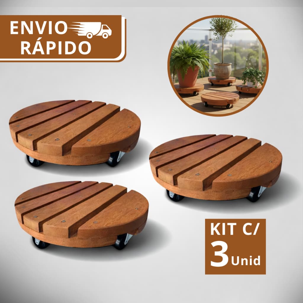 Kit 3 Suportes Redondo Madeira Com Rodinhas Para Botijão Ou Vaso De Planta 30CM  Suporta Até 80 kg