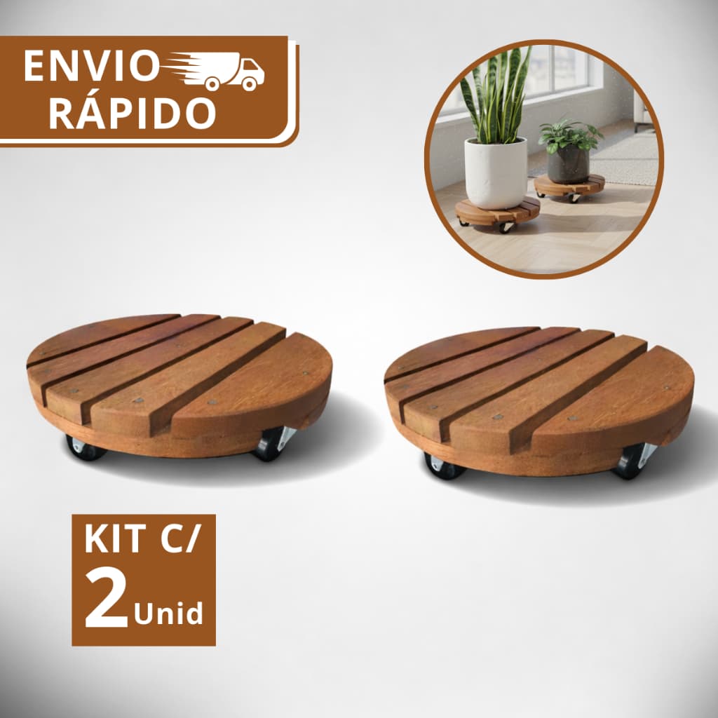 Kit 2 Suportes Redondo Madeira Com Rodinhas Para Botijão Ou Vaso De Planta 30CM  Suporta Até 80 kg