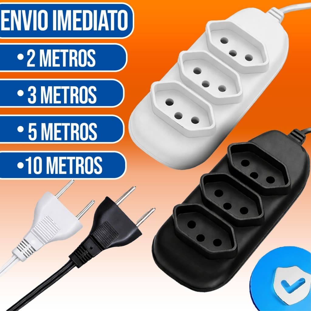 Extensão elétrica de Energia 3 Tomadas Bivolt 10AP 2 Á 10 Metros