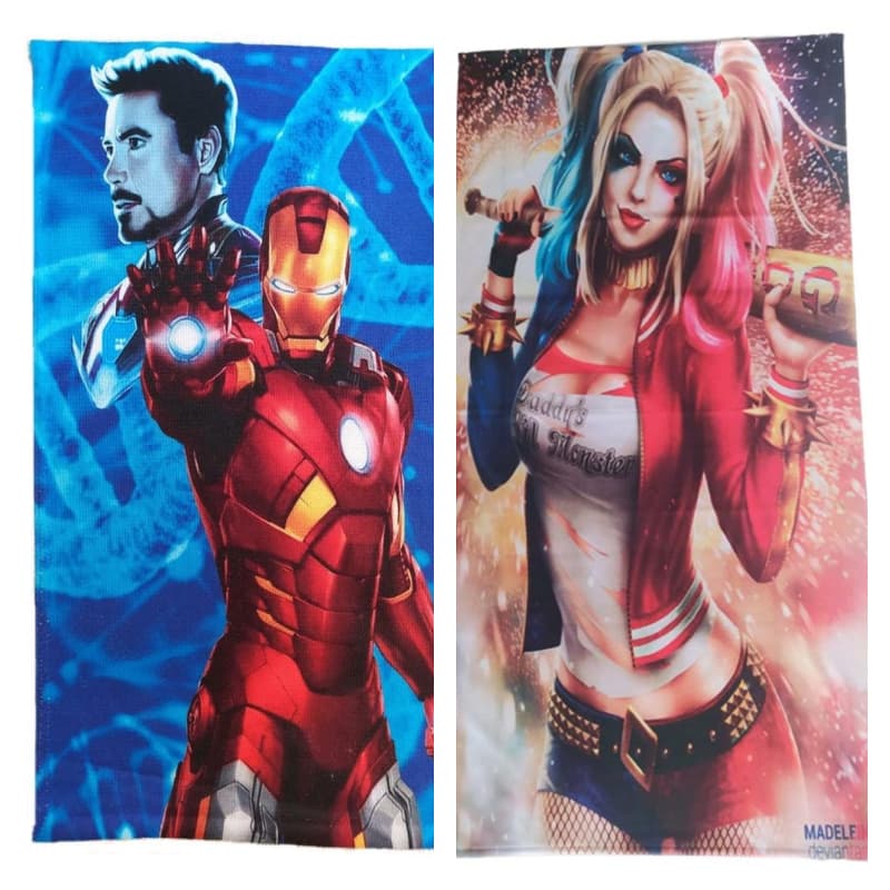 Kit Com 2 Toalhas de Banho Praia Piscina Heróis Homem de Ferro e Arlequina!