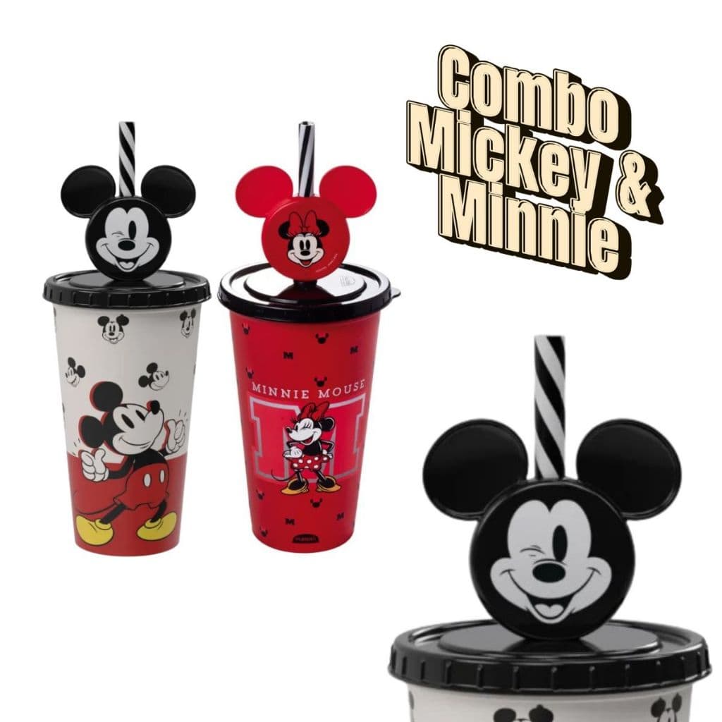 Copo Mickey Minnie Colecionador Casal Acabamento Fosco Premium Tampa Canudo e Pin