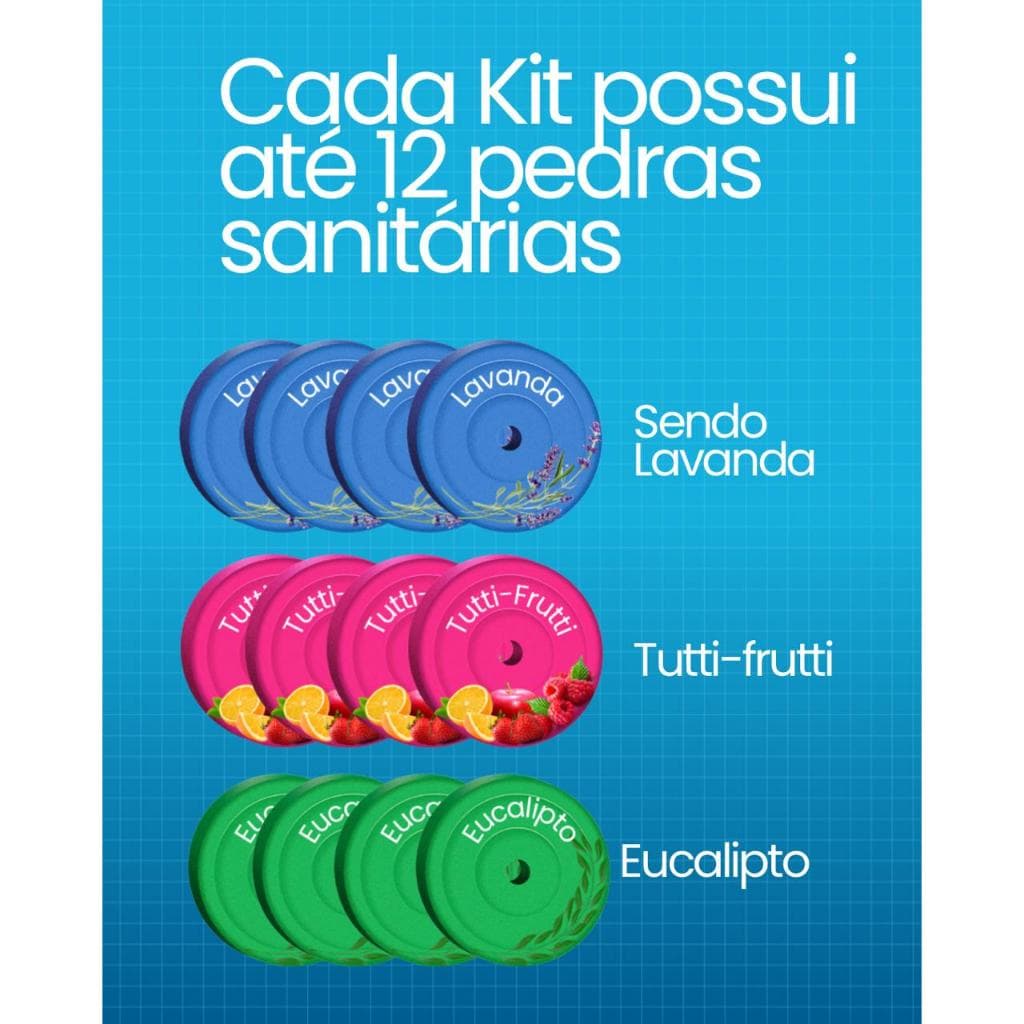 Kit Pedras Sanitárias 18 Gramas Para Vaso Novo Frescor Lavanda Tutti Frutti e Eucalipto