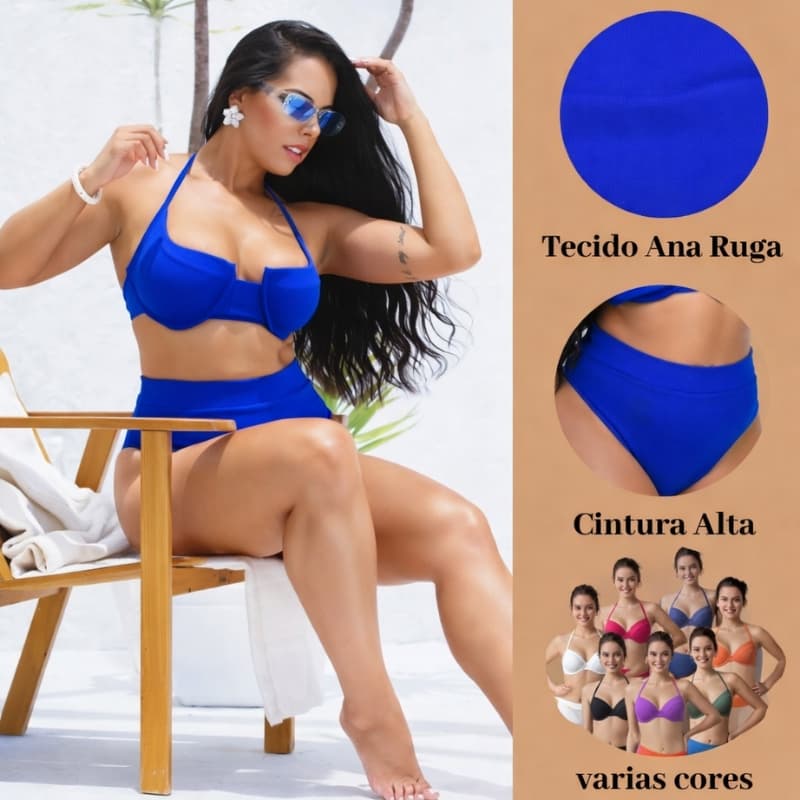 Conjunto de Biquíni Meia Taça com Cintura Alta Amarrações Ajustáveis Ana Ruga Moda Verão Feminina