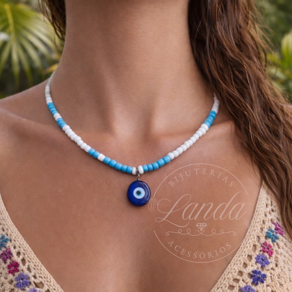 Colar gargantilha choker miçanga pingente olho grego versátil moda praia primavera verão 2026