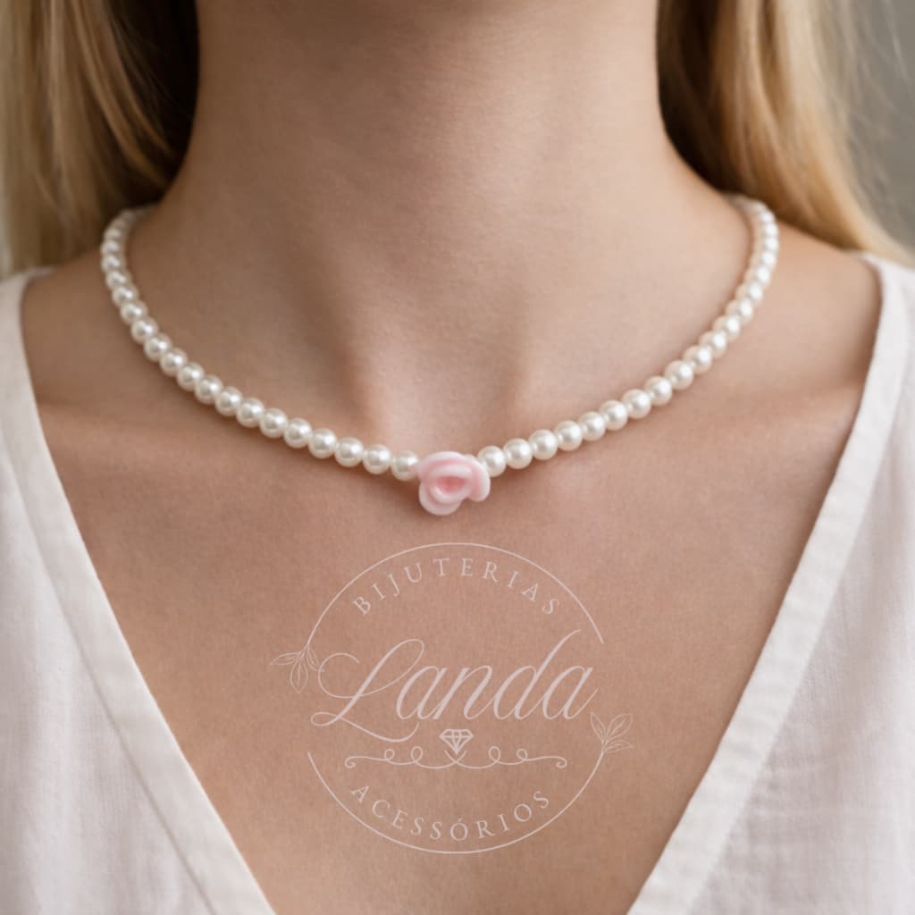 Choker Gargantilha Colar Pérolas e Flor Delicado