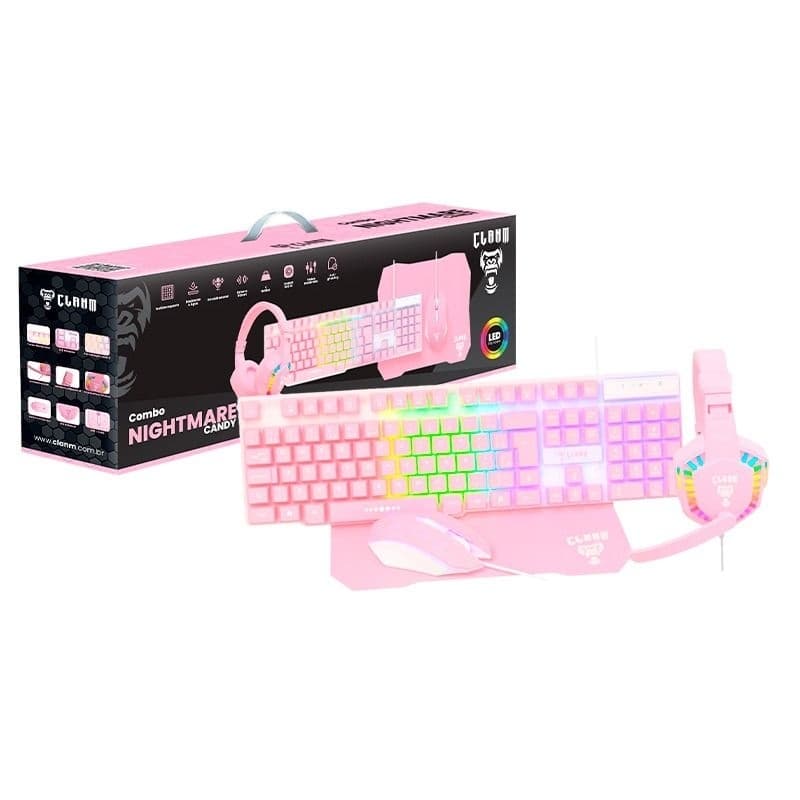 COMBO KIT GAMER CANDY ROSA- (TECLADO, MOUSE, FONE E MOUSEPAD) - CLANM