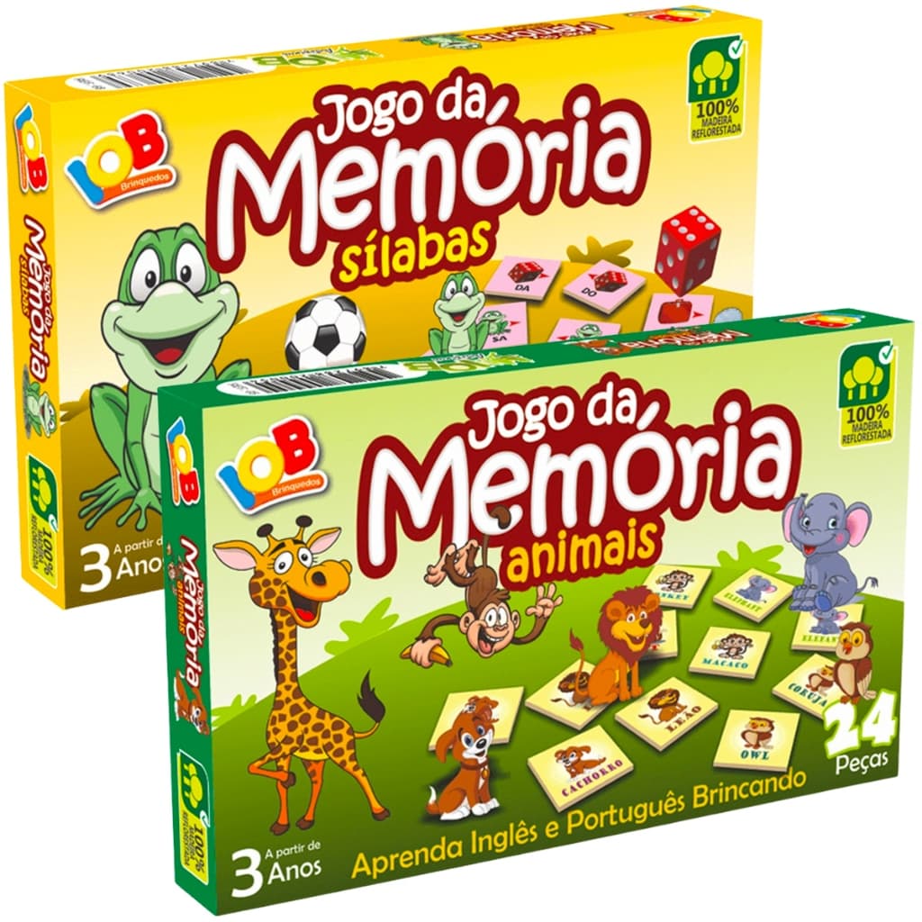 Kit Jogo da Memória Educativo Animais Inglês Português + Sílabas Madeira Infantil