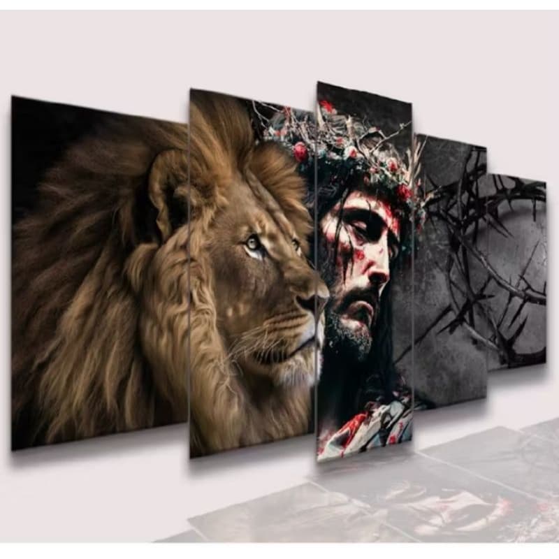 Quadro Mosaico 5 Peças Leão De Judá E Jesus Cristo h.e.p Decore