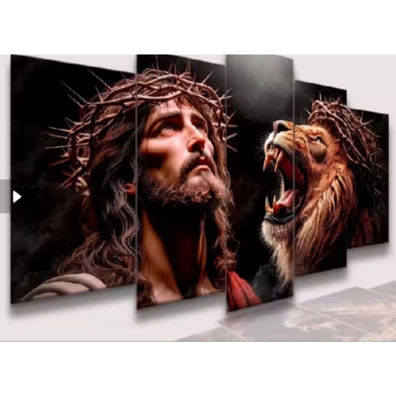Quadro Mosaico 5 Peças Leão de Judá e Jesus Cristo Luxo h.e.p Decore - 115x60cm