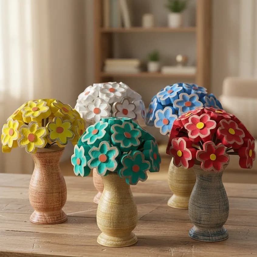 Vaso buquê de flores em madeira decorativo arranjo artificial cachepô vasinho suporte flor artesanal
