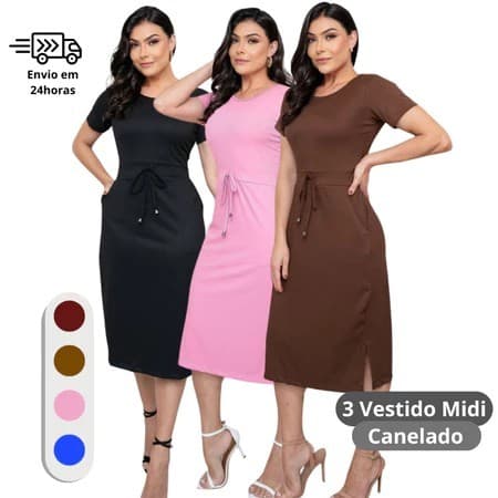 Kit 3 Vestido Canelado Midi Com Bolso, Manga Curta e Fake cordão, Moda Evangelica. Cores variadas