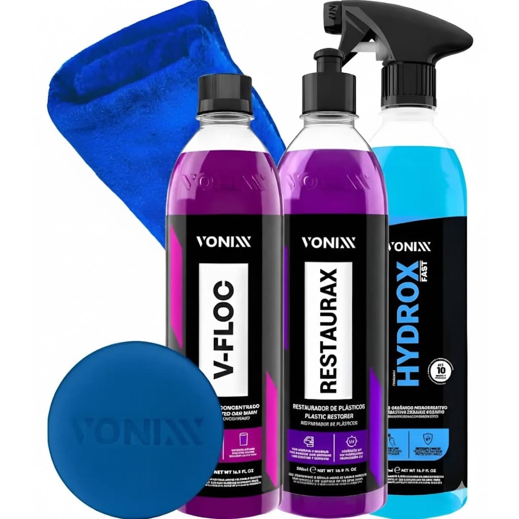 Kit Estética Automotiva Vonixx Completo – V-Floc + Restaurax + Hydrox Fast