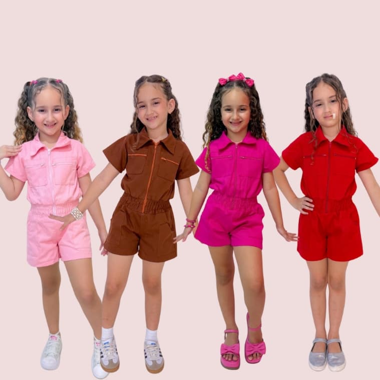 Macaquinho Infantil Feminino com detalhe em ziper infantil menina rosa pink bebe marrom