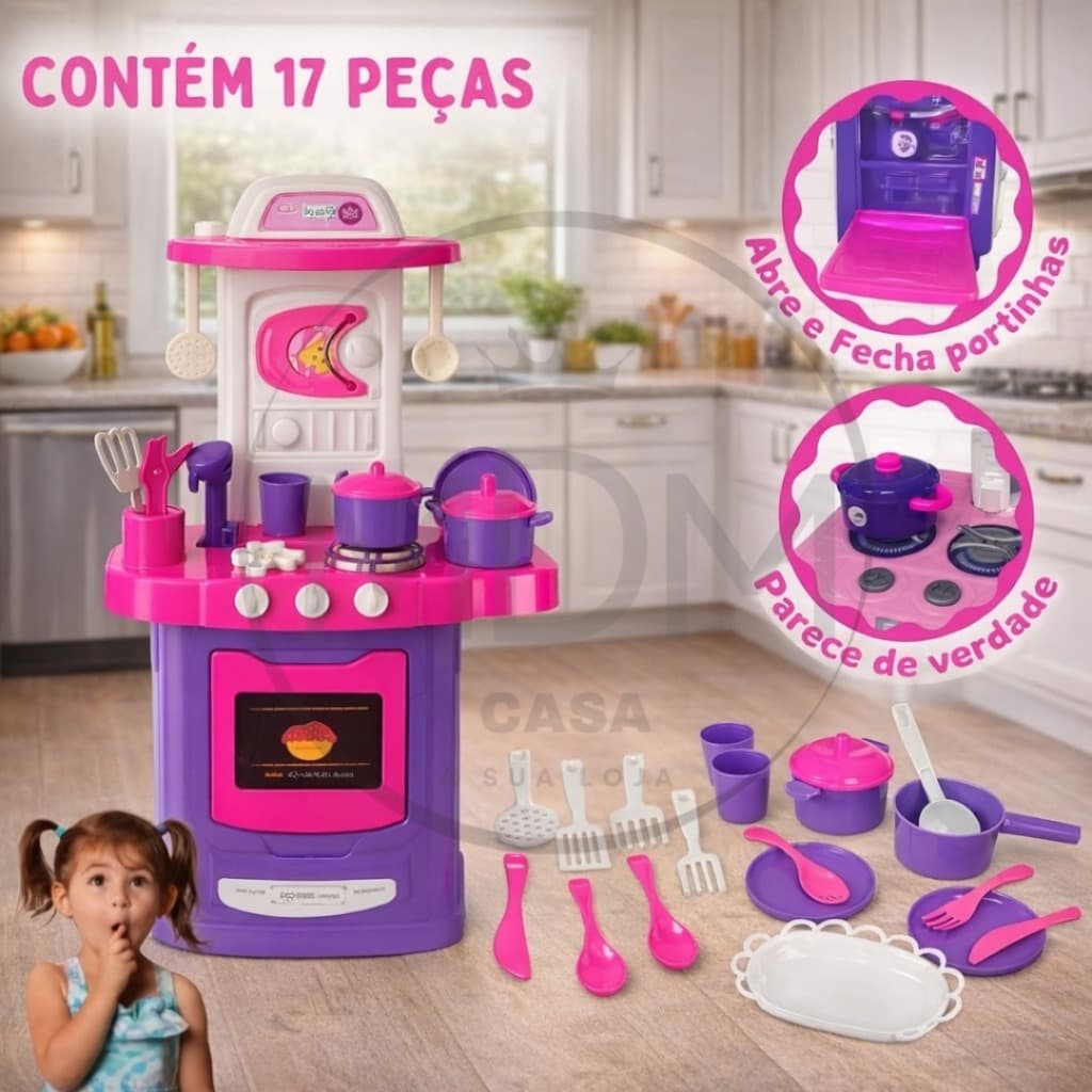 Cozinha Infantil Completa com Talheres Pratos Forno Microondas e Torneira que sai Aguá
