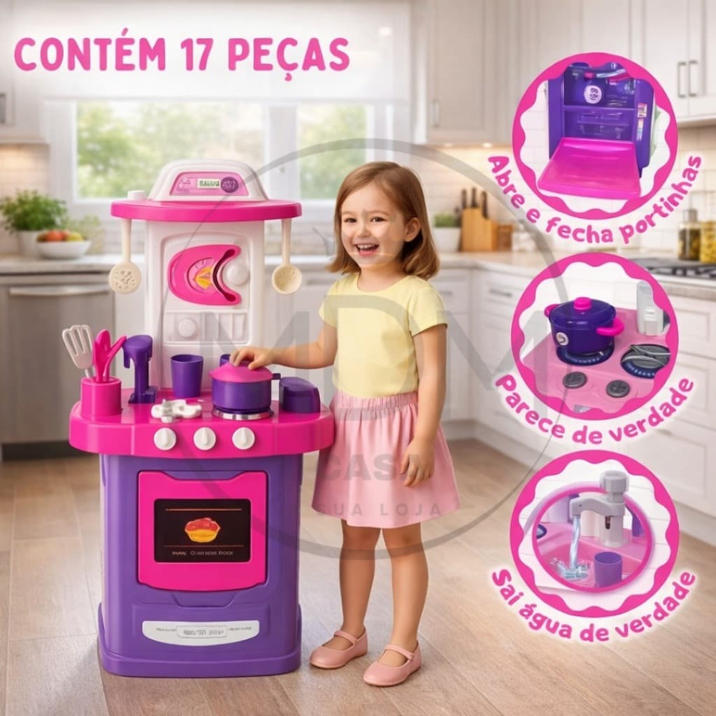 Cozinha Top Delux Infantil com Talheres Copos Panelas e Tampas com Torneira que Sai Água de Verdade