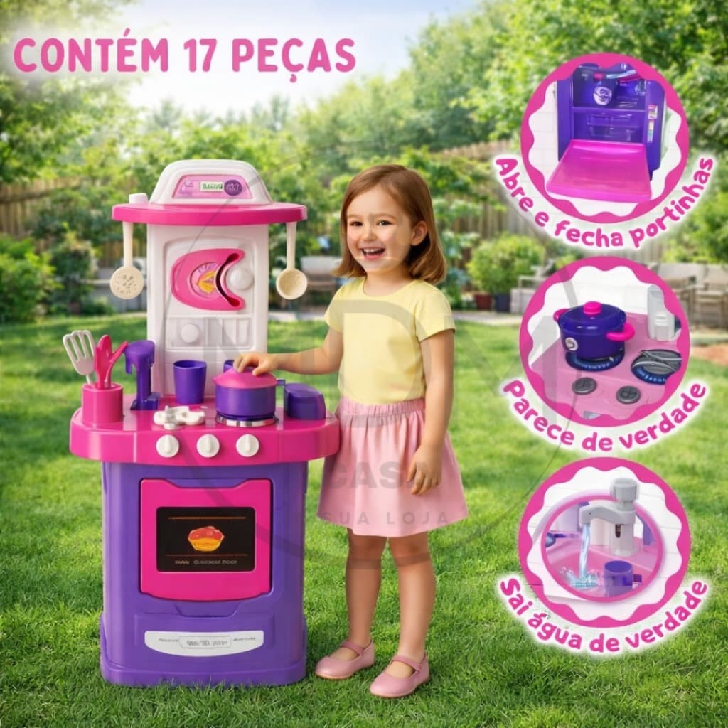 Cozinha Infantil Completa com Forno Micro Ondas Panelas Pratos e Talheres Sai Aguá de Verdade