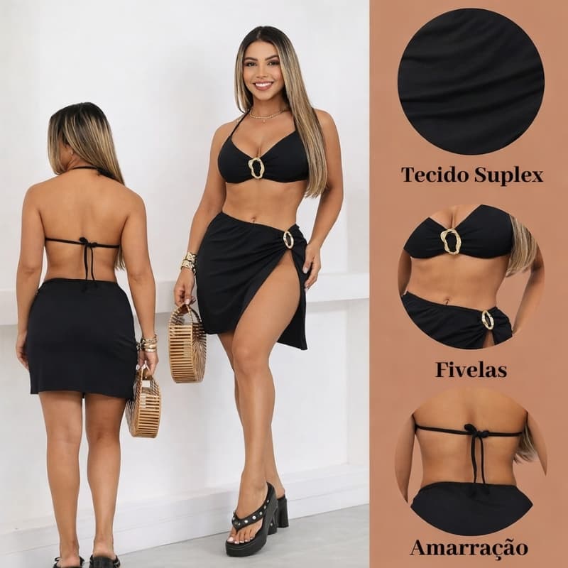 Conjunto BiquÍni 3 Peças Sutiã, Calcinha e Saia com Fivelas Amarrações Ajustáveis Suplex Poliamida