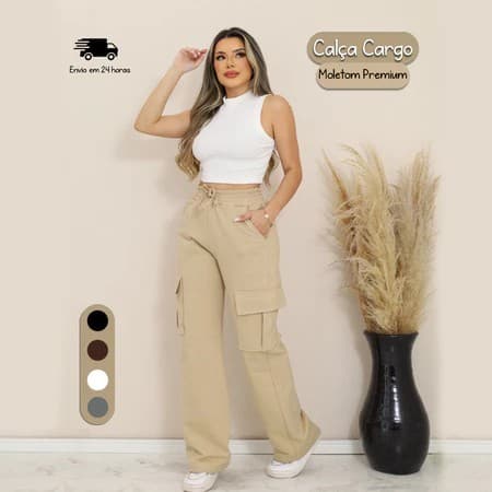 Calça Cargo Pantalona, Moletom Flanelado, Cintura Alta Feminina