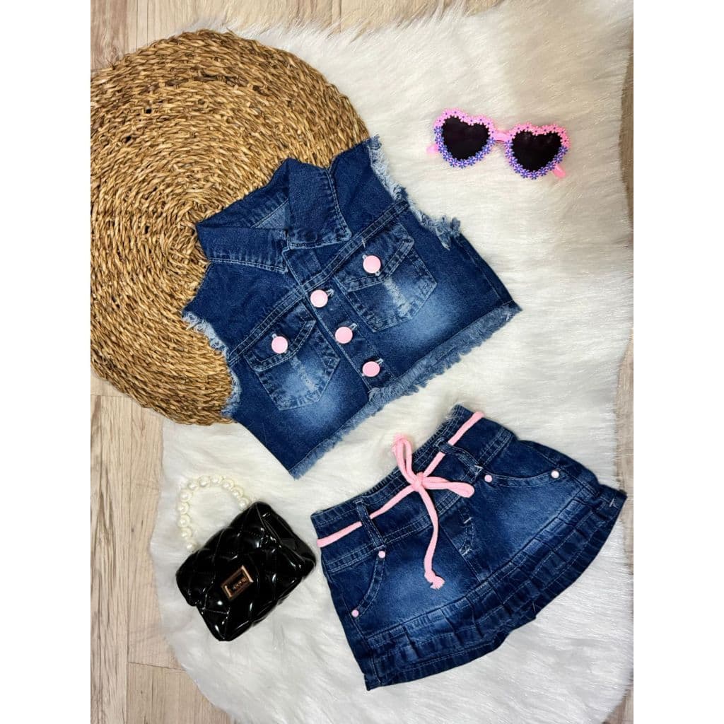 Conjunto Infantil Bebe Jeans Molinho Shorts Saia e Colete Botão Rosa 01 a 03 anos