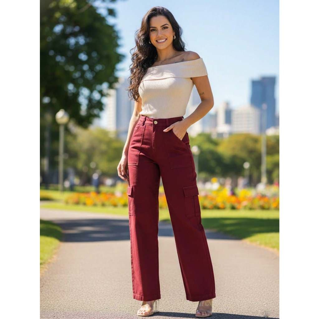 Calça Cargo jeans  feminina tem bolsos com ziper  nova
