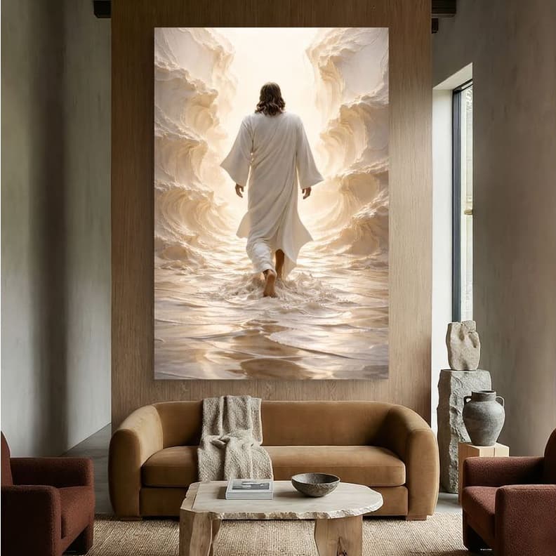 Quadro Decorativo 80x110cm Jesus Sobre a Água Religião Decoração de Parede Hall Luxo Sala Quarto MDF