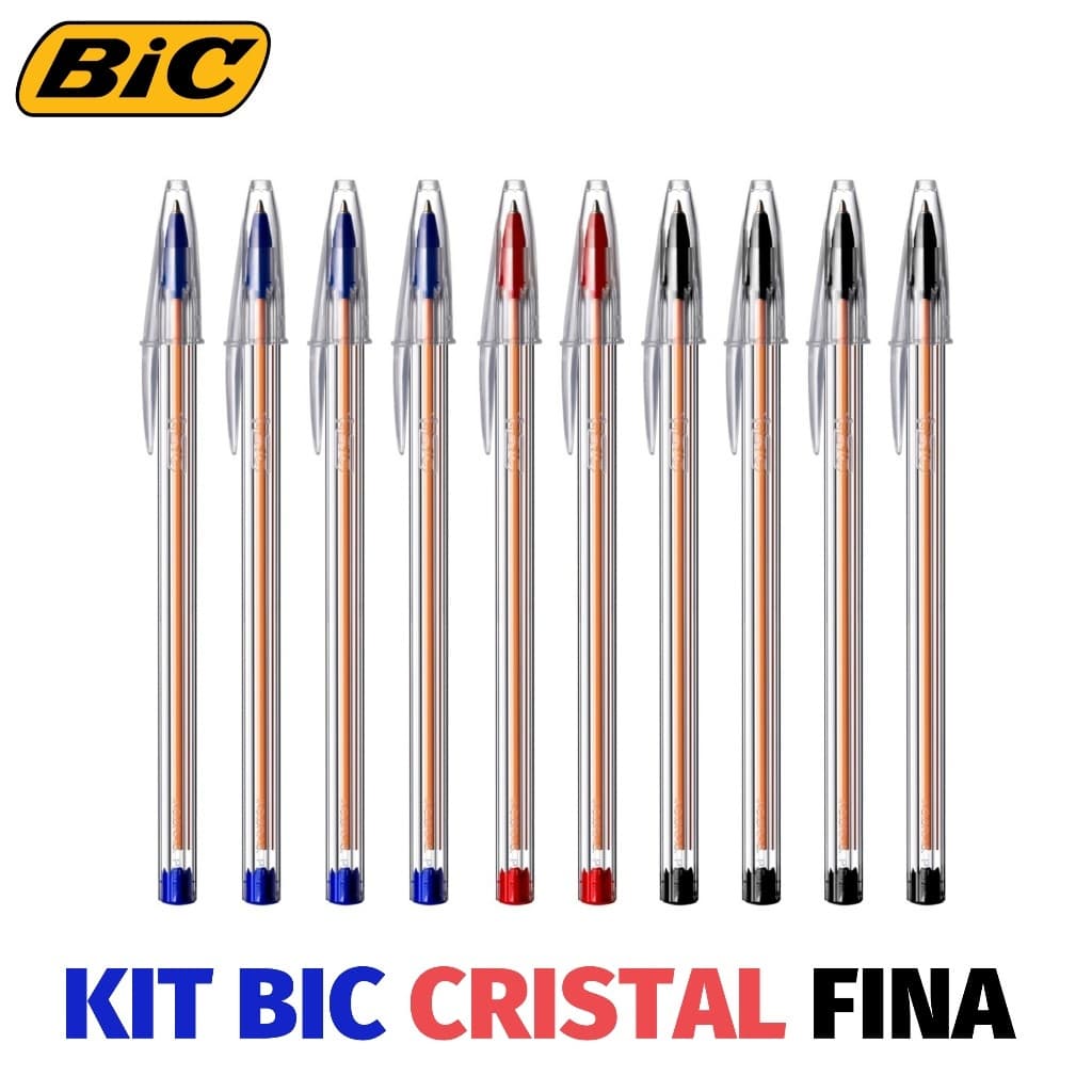 Kit Caneta Esferográficas Bic Cristal Fina Ponta 0.8 Azul, Preta e Vermelha Original