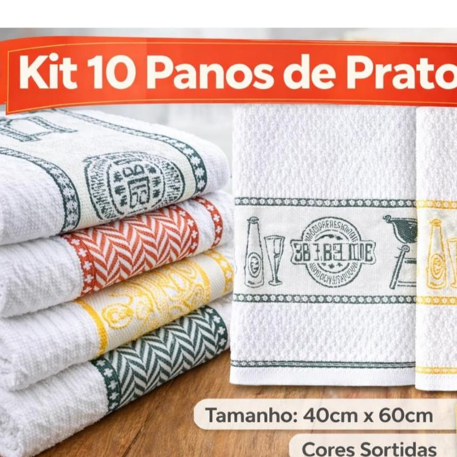 Kit 10 Panos de Prato Atolhados Bordados 100% Algodão Pano de Copa