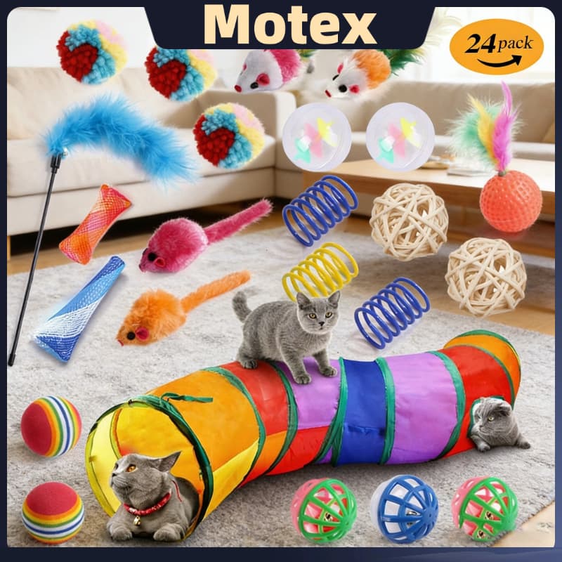 Kit 24 Peças de Brinquedos Para Gato Com Varinha Diversão +Tunel
