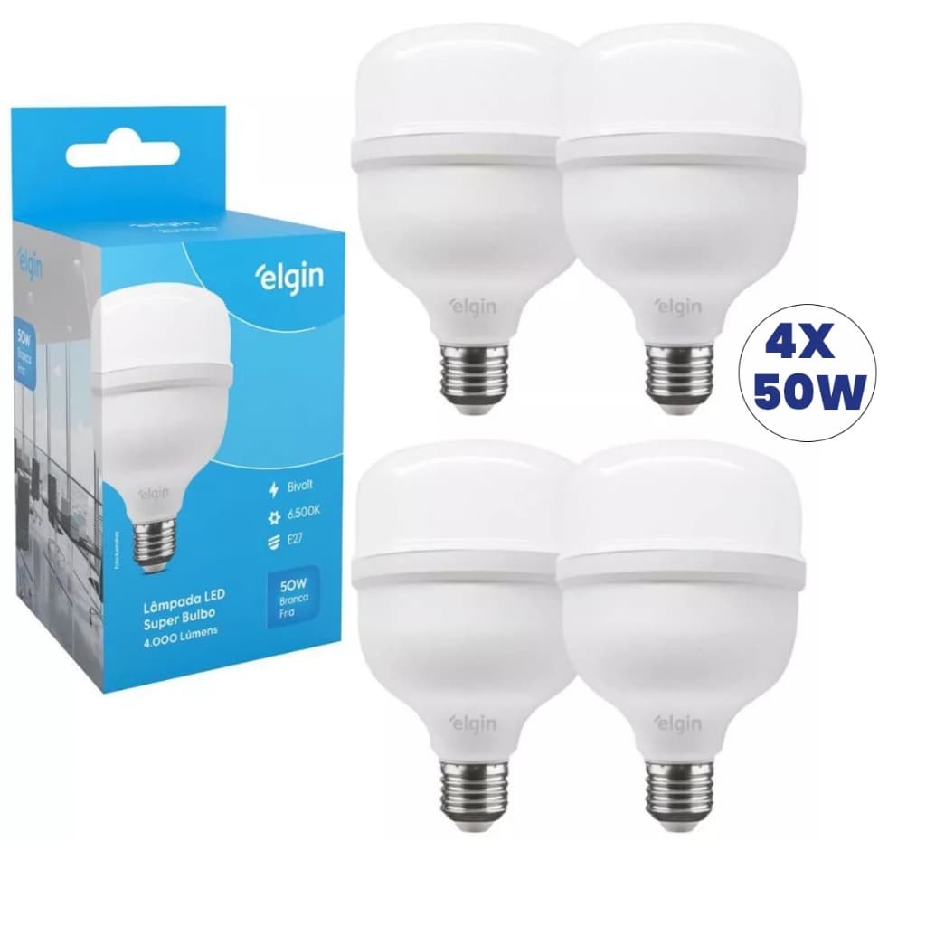 Kit 4 Lâmpadas Led Elgin Super Bulbo Alta Potência 50w Luz Branco Frio Bivolt 110/220V 6500k