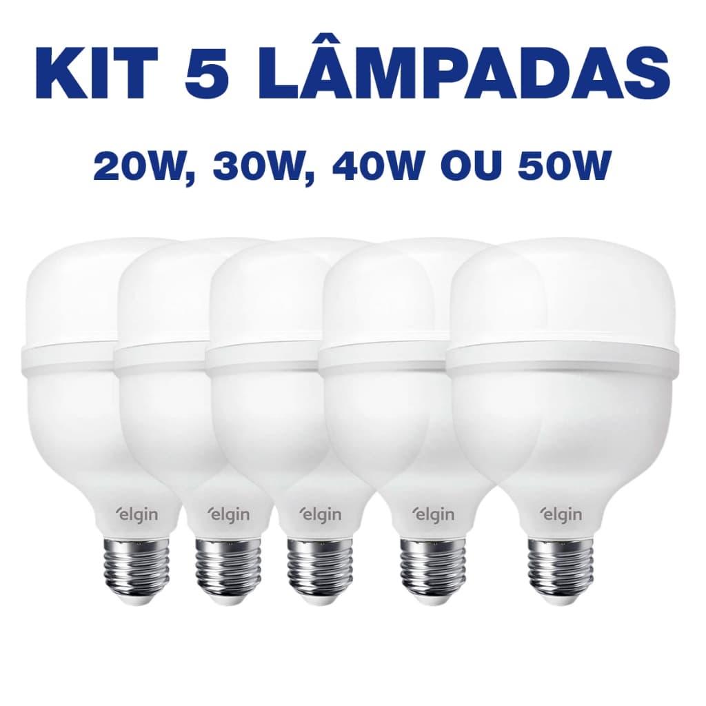 Kit 5 Lâmpadas Led Bulbo Elgin Alta Potencia 20w 30w 40w  50w Luz Branco Frio 6500k Bivolt 110v/220v