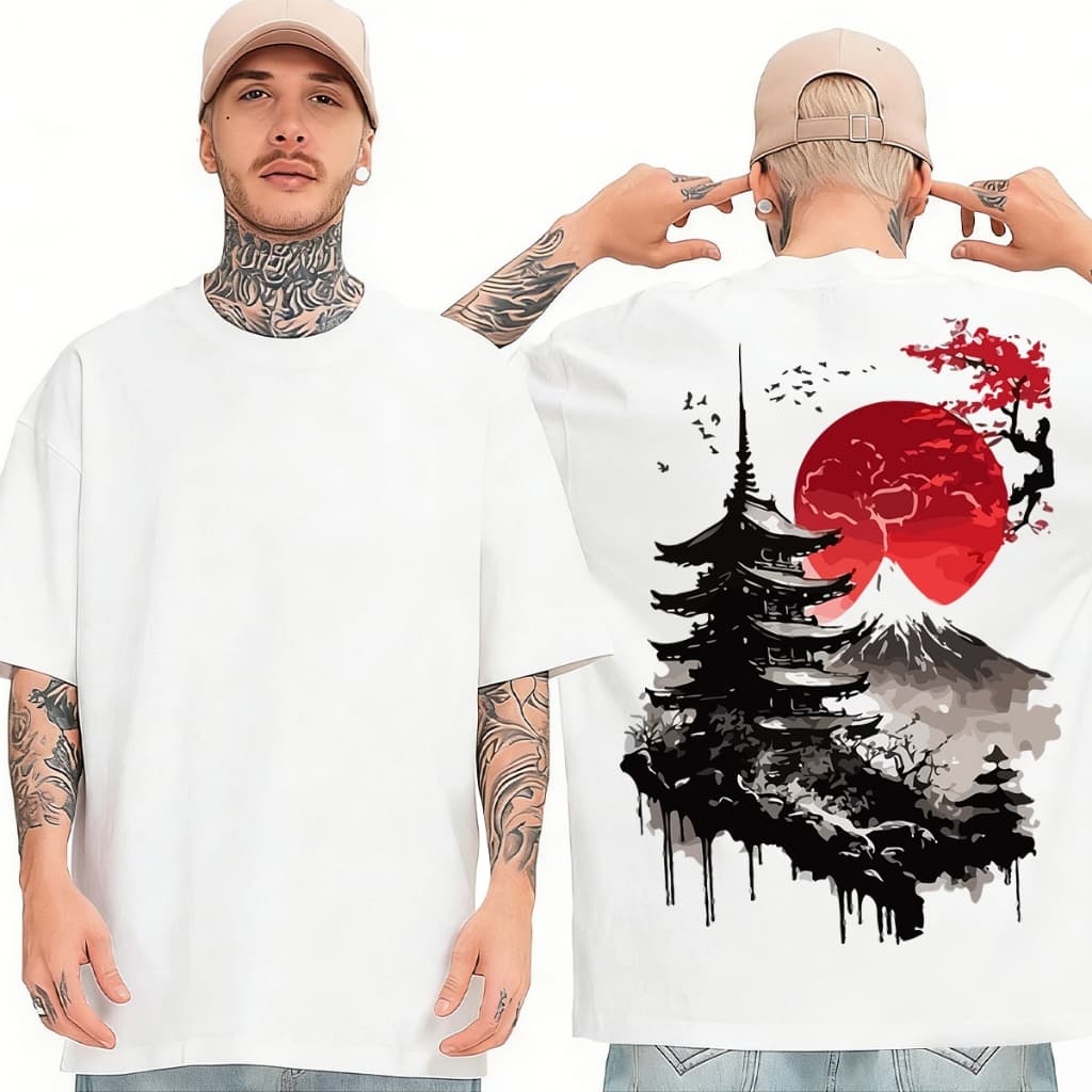 Camiseta unissex Monte Fuji com estampa de templo em desenho a tinta e nascer do sol, estilo streetwear, corte amplo