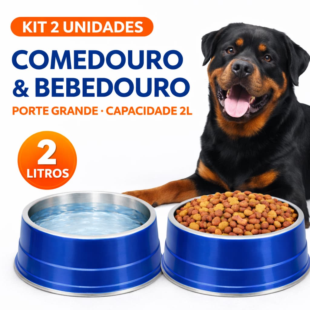 Comedouro e Bebedouro Azul para Cachorro – 2 Litros Alumínio Higiênico
