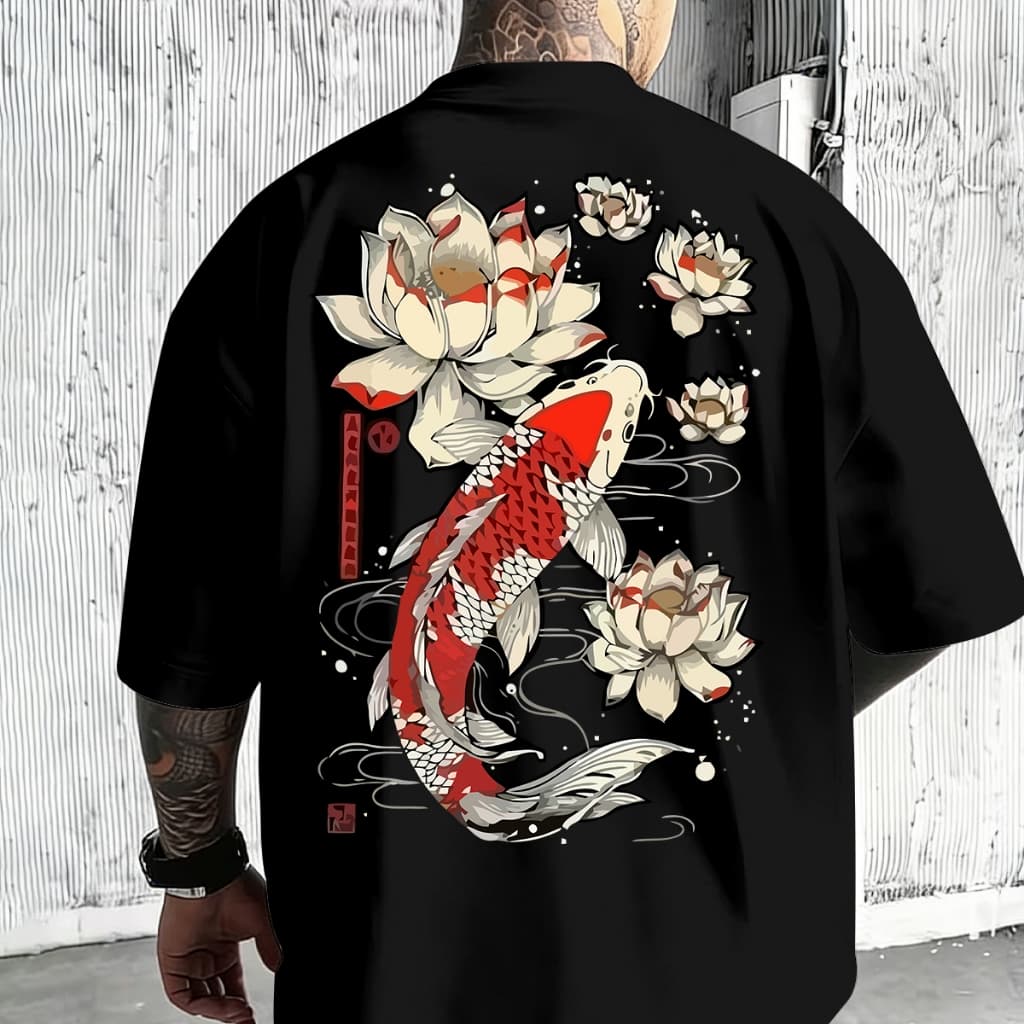 Camiseta 100% algodão com estampa de carpa e flor de lótus japonesa, estilo streetwear folgado