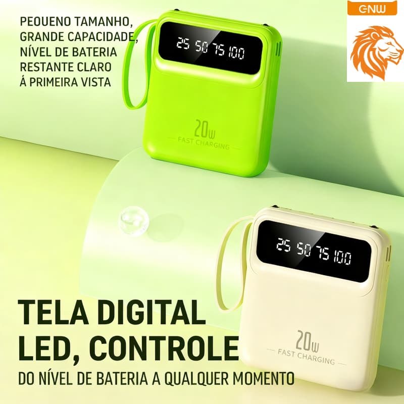 10000mAh Power Bank Portátil com Cordão - Carregamento Rápido e Compatível com Múltiplos Dispositivos