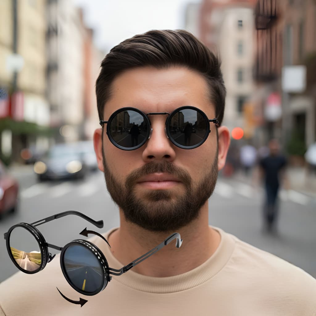 Óculos de Sol Luz Ajustável 9 Tonalidades Steampunk Redondo Retrô Lente Regulável Premium Preto