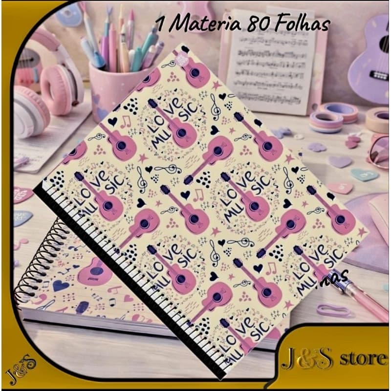 Caderno Universitário Feminino Love Music – 80 folhas