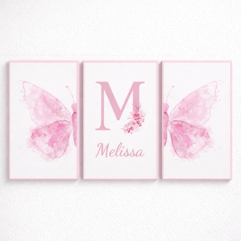 Kit 3 Quadros Decorativos Borboleta Personalizado Nome Inicial Infantil