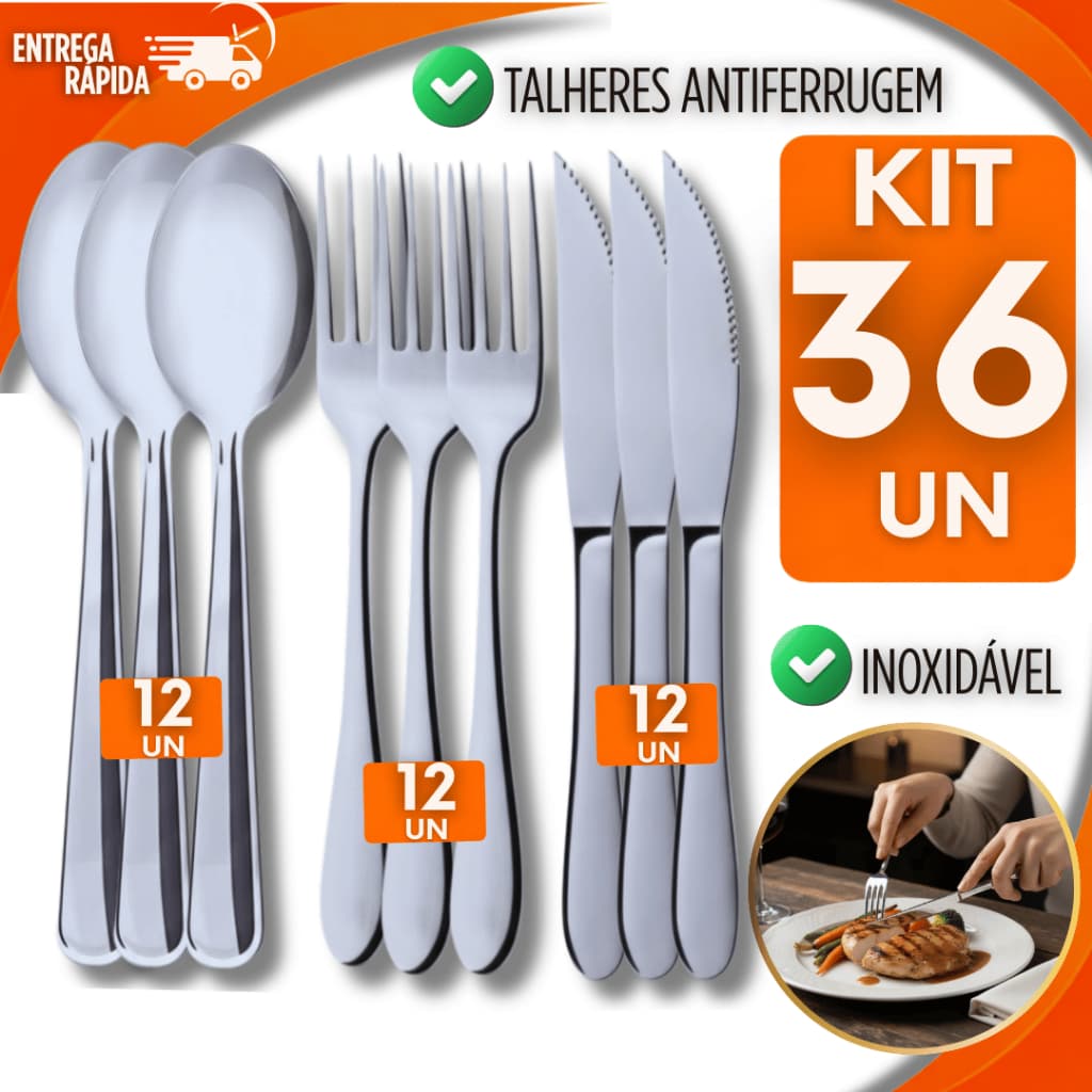 Conjunto 36 Talheres 100% Inox 12 Garfo 12 Faca 12 Colher Premium Cozinha Buffet Restaurante Casa Mesa