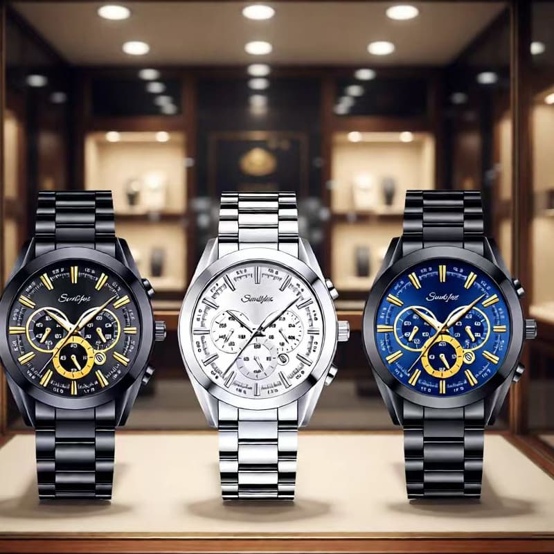 Relógio Masculino Sunlifex 9104 de Quartzo Luxuoso Elegante pulseira em aço inoxidável mostrador em preto/prata/azul