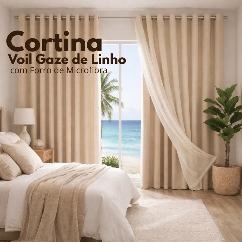 Cortina Sala Voil Gaze de Linho 4 Metros Com Forro Microfibra Quarto Ilhós Luxo